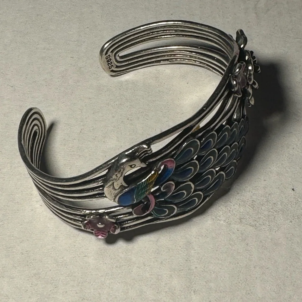 Sterling Silver Peacock Bangle Bracelet Cuff